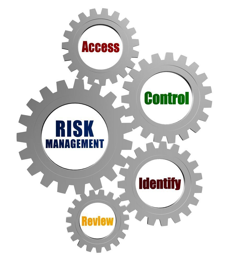 risk management and business concept words in silver grey gears