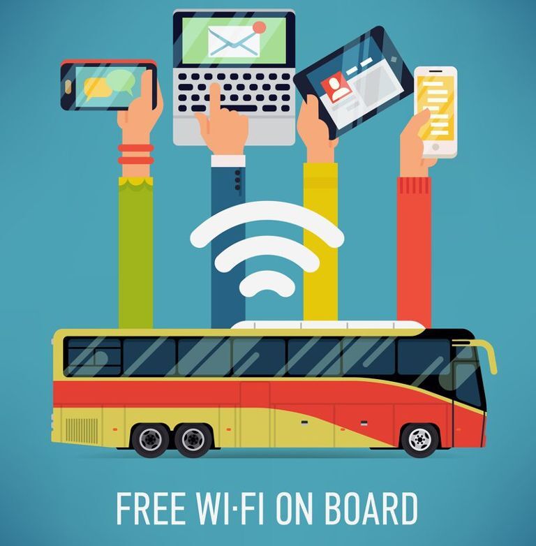 Drawing of a bus with many devices connected through wifi