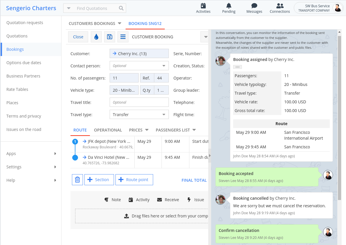 Chat inside the booking in Sengerio
