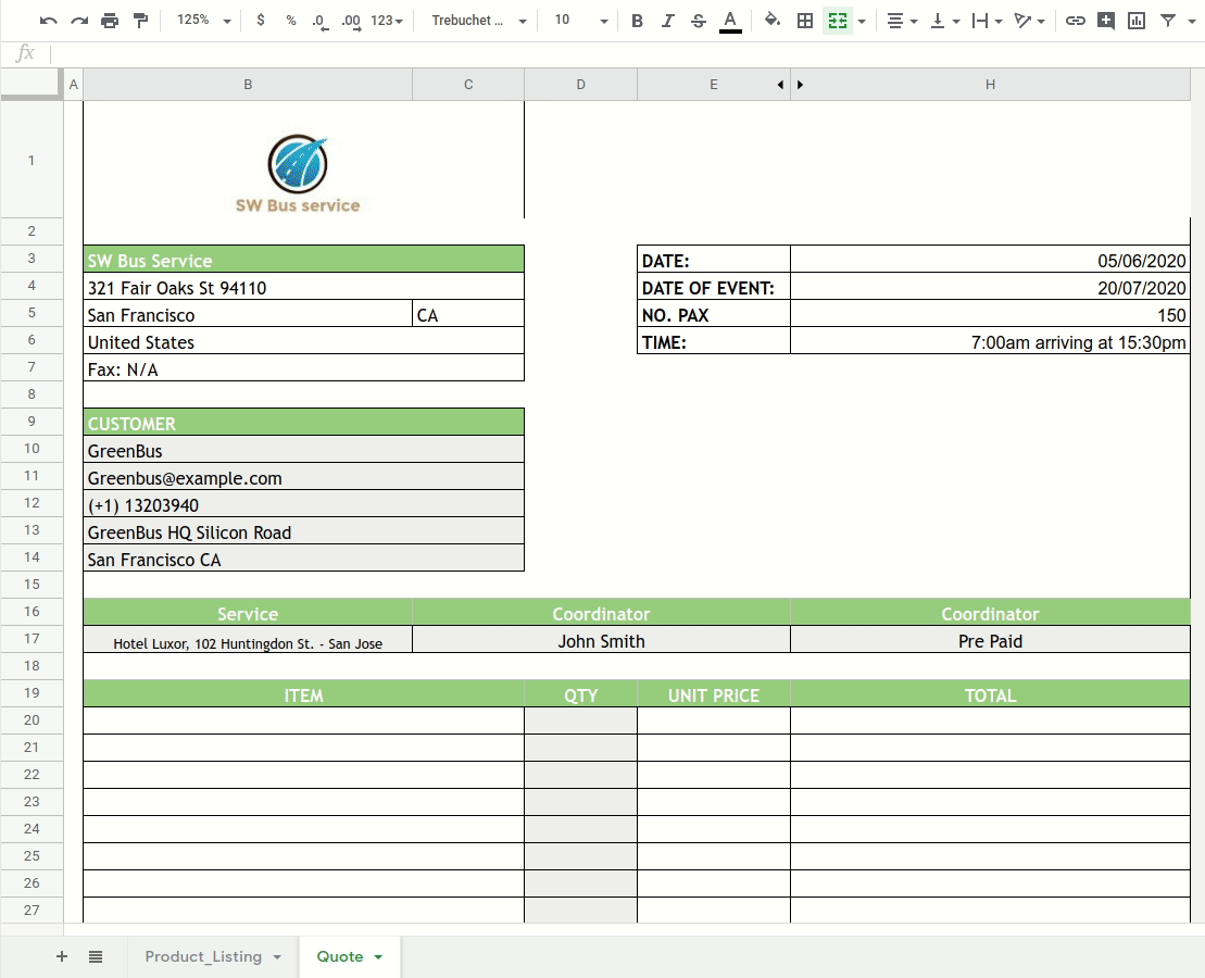 Quotation software - adding products/services to quotation in Google Sheets