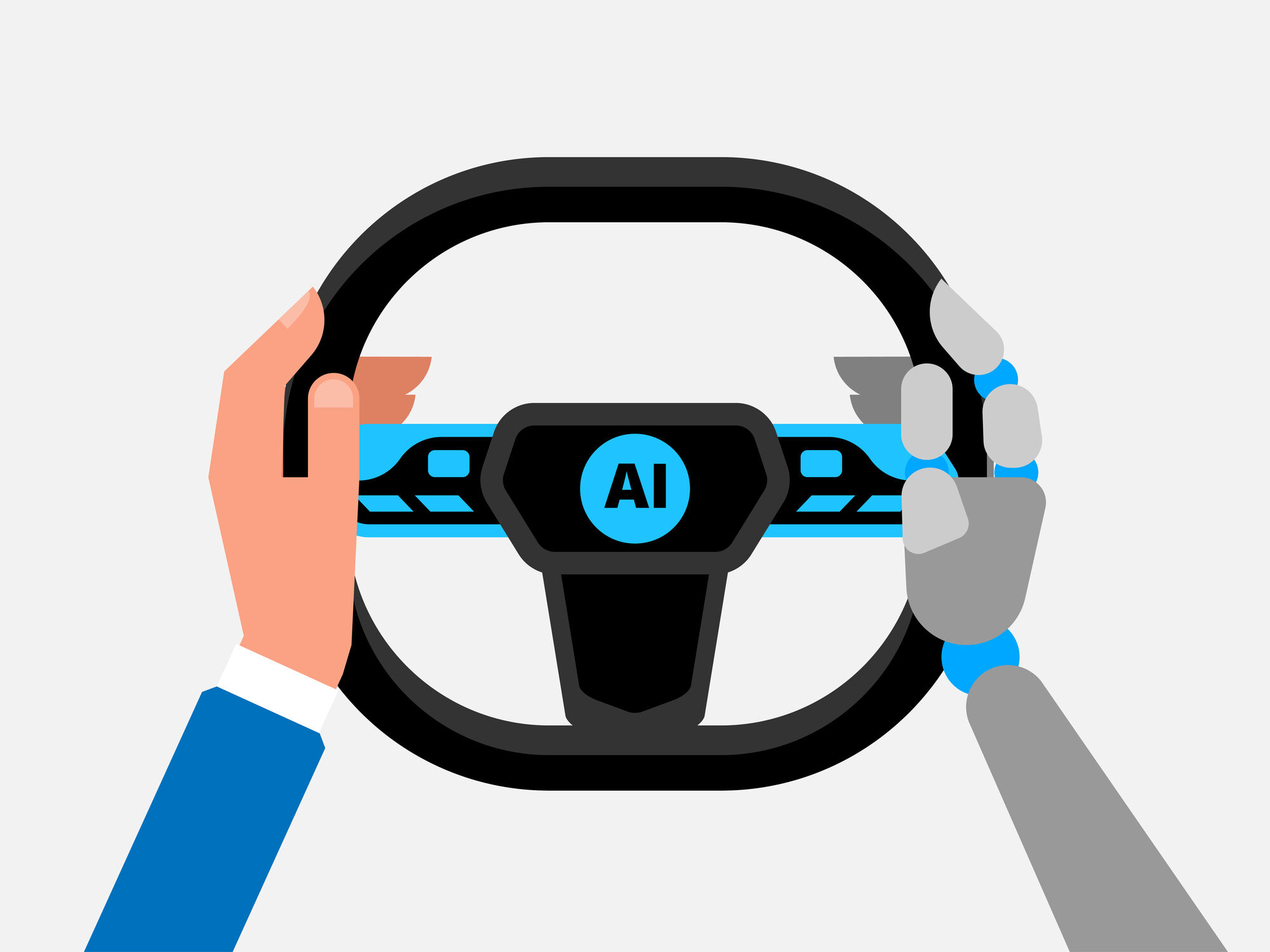 Drawing of a steering wheel with a human hand and a robotic hand