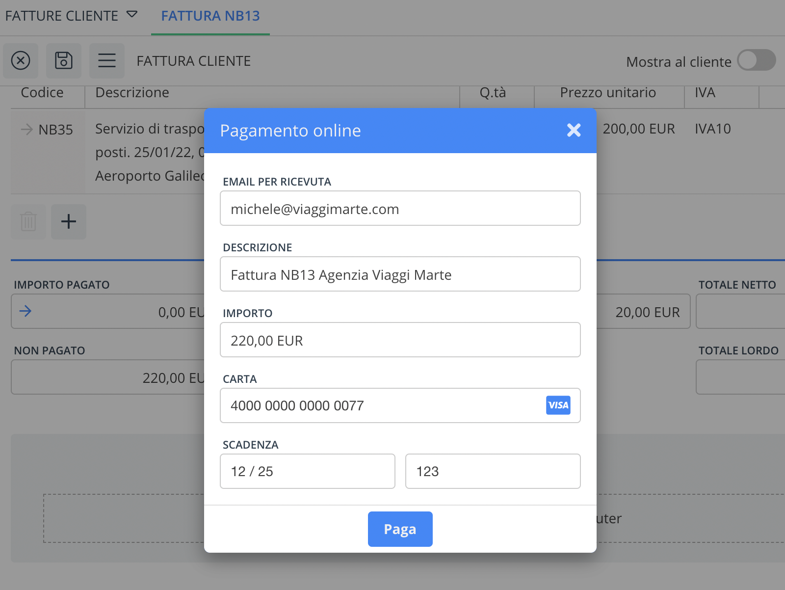 Possibilità di farsi pagare con la carta di credito